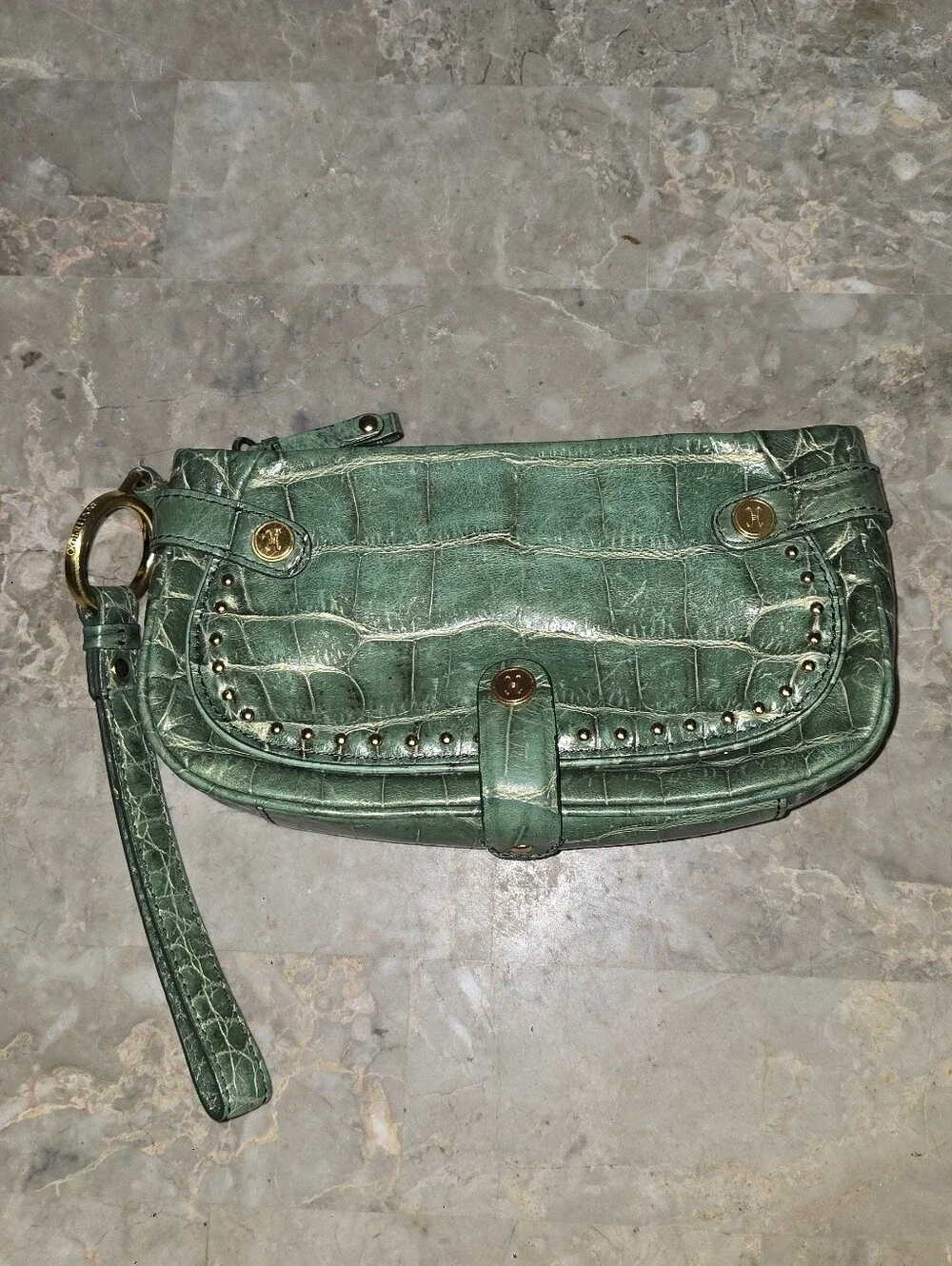 Cole Haan Green Crocodile Embossed Leather Large Wristlet/Mini Bag